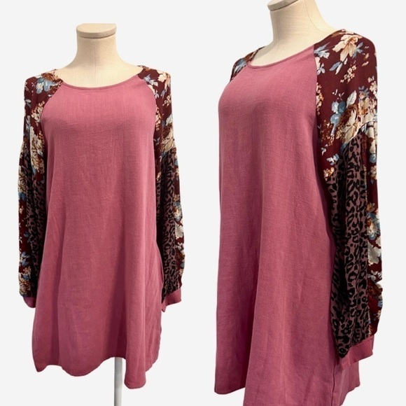 Umgee, New Multi Pattern Sleeves Pink Shift Tunic Dress with Pockets - Picture 1 of 13